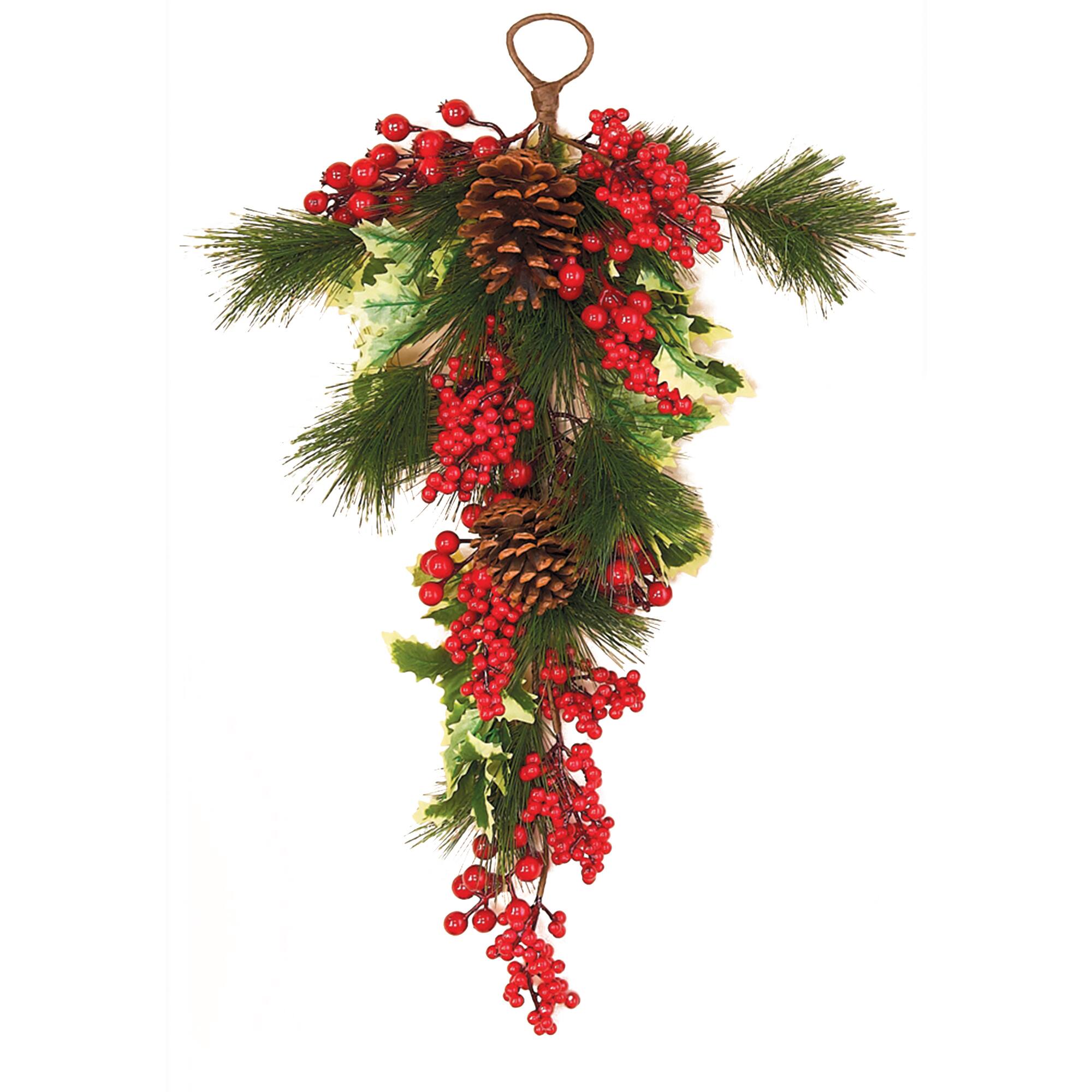 28" Waterproof Holly Pine Berry Teardrop Christmas Swag/Features Weatherproof